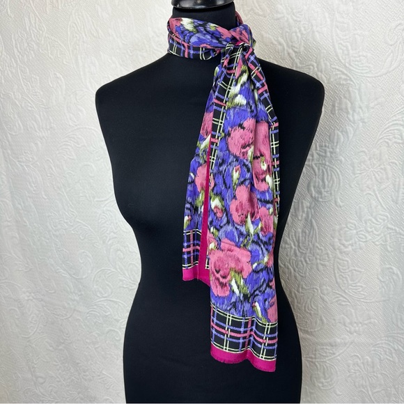 Oscar de la Renta Accessory Street Vintage Silk Oblong Scarf Floral Plaid - Picture 5 of 10